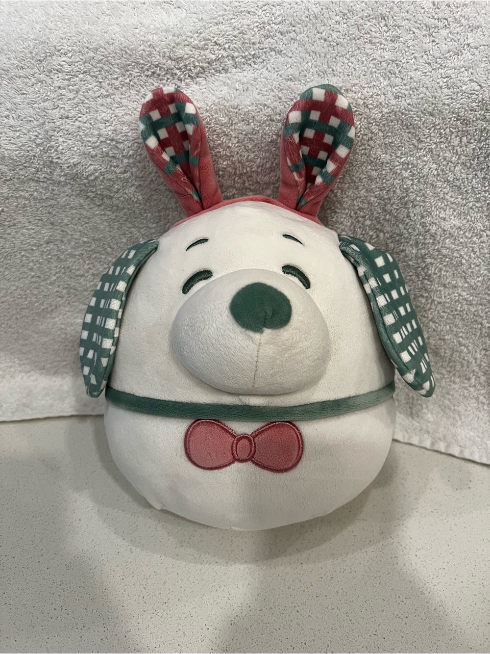Squishmallows White Plush Dog Toy with Green Nose & Pink Bow